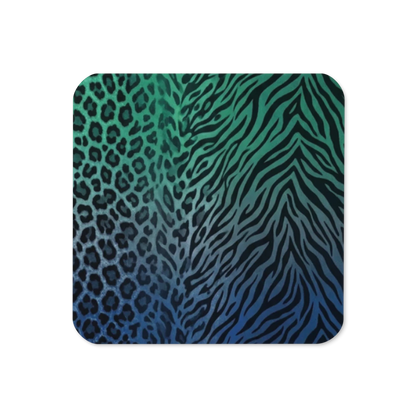 Blue & Green Zebra & Leopard Print Cork-Back Coaster