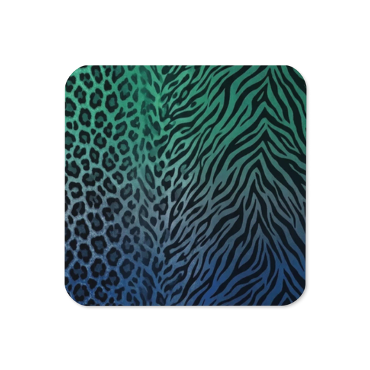 Blue & Green Zebra & Leopard Print Cork-Back Coaster