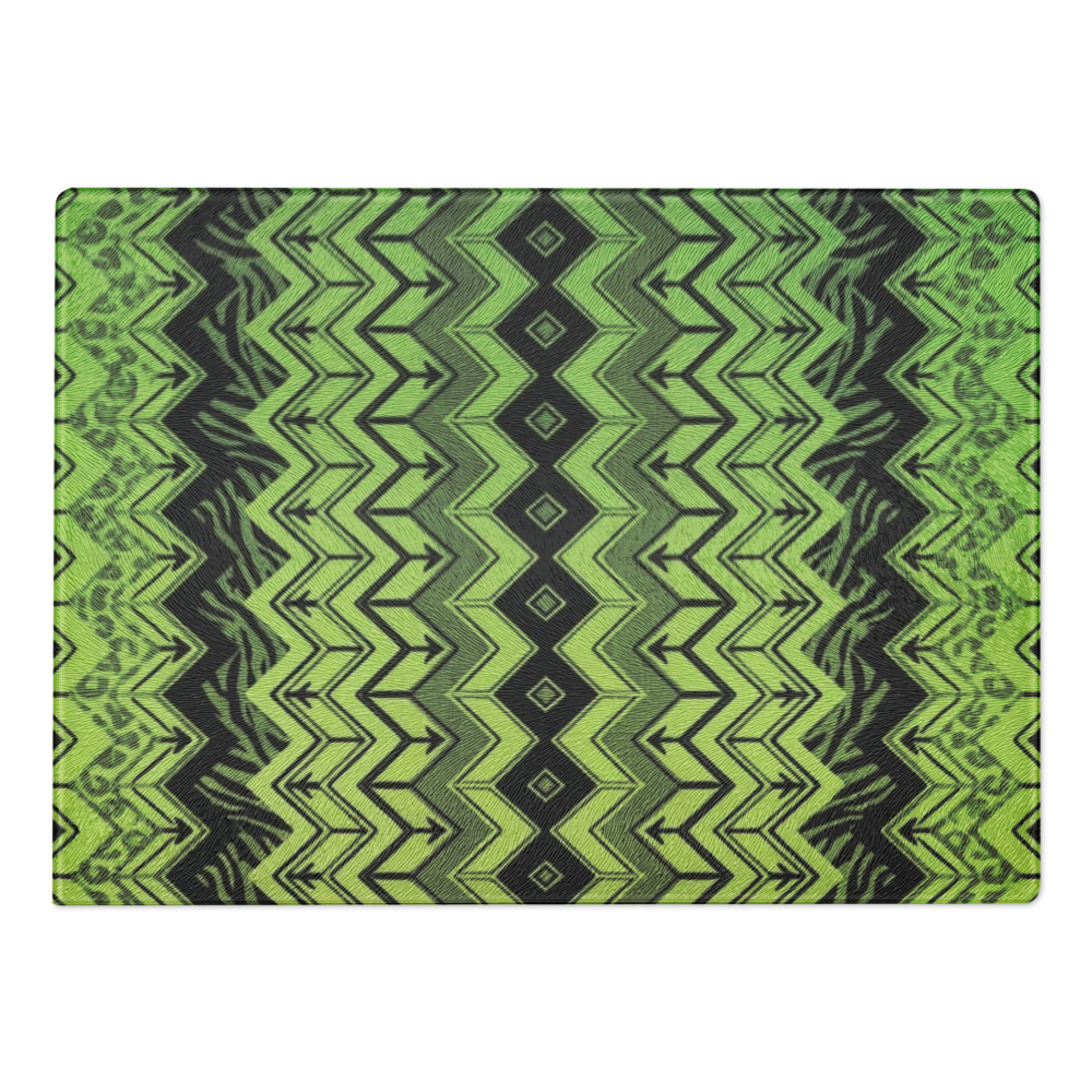 Lime Green Zebra & Leopard Print Special Edition Chevron Pattern Glass Cutting Board
