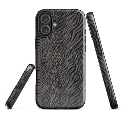 Gray & Black Zebra Snake & Leopard Print MagSafe Tough Case for iPhone®