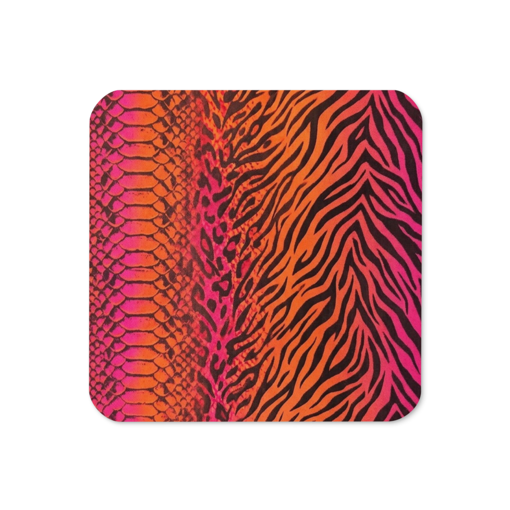 Vibrant Orange & Hot Pink Zebra & Leopard Print Cork-Back Coaster