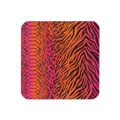 Vibrant Orange & Hot Pink Zebra & Leopard Print Cork-Back Coaster