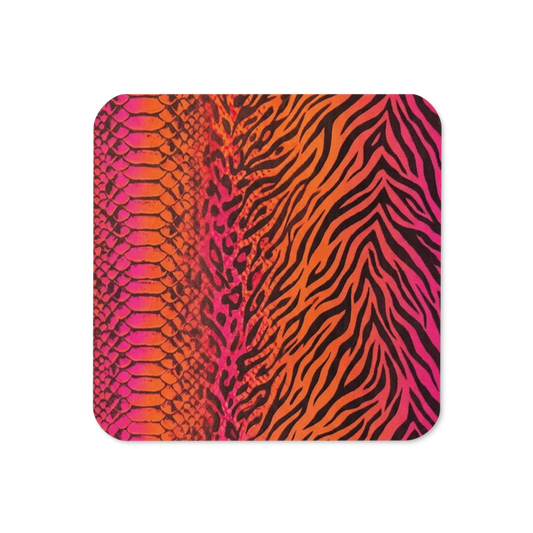 Vibrant Orange & Hot Pink Zebra & Leopard Print Cork-Back Coaster