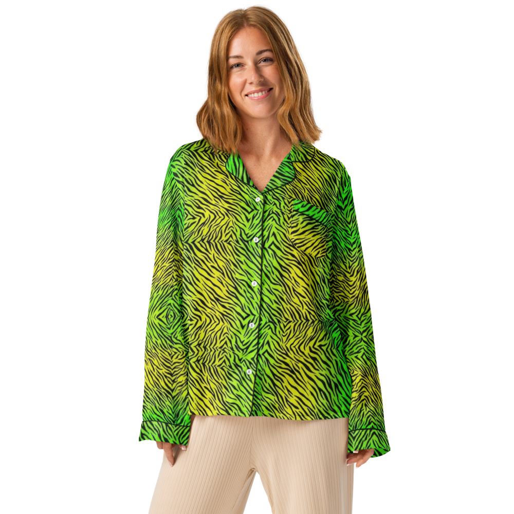 Green & Yellow  Zebra Print Women's Long Sleeve Pajama Top